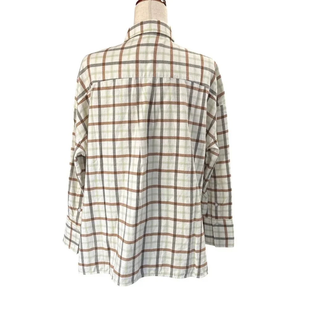 Everlane The Boxy Flannel Top~Size S~Tan Green Plaid Long Sleeve Shirt NWT L3 42 - Picture 4 of 8